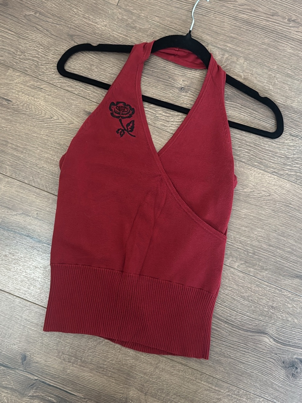 Vintage Y2K Esprit Red Halter Knit Camisole with Black Rose Embroidery